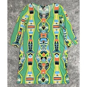 MSK Shift Dress Women's 14 Green BOHO Colorful 3/4 Sleeve Stretch